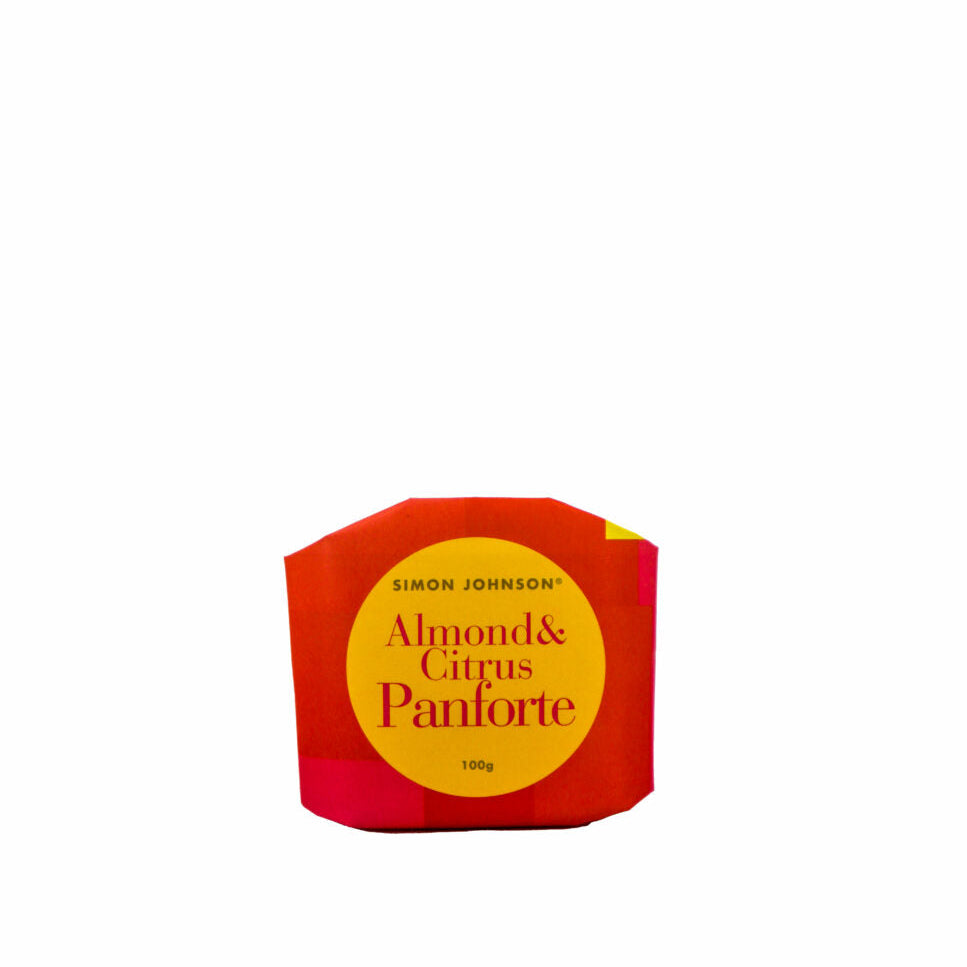 Packaging of Simon Johnson Almond & Citrus Panforte on a white background