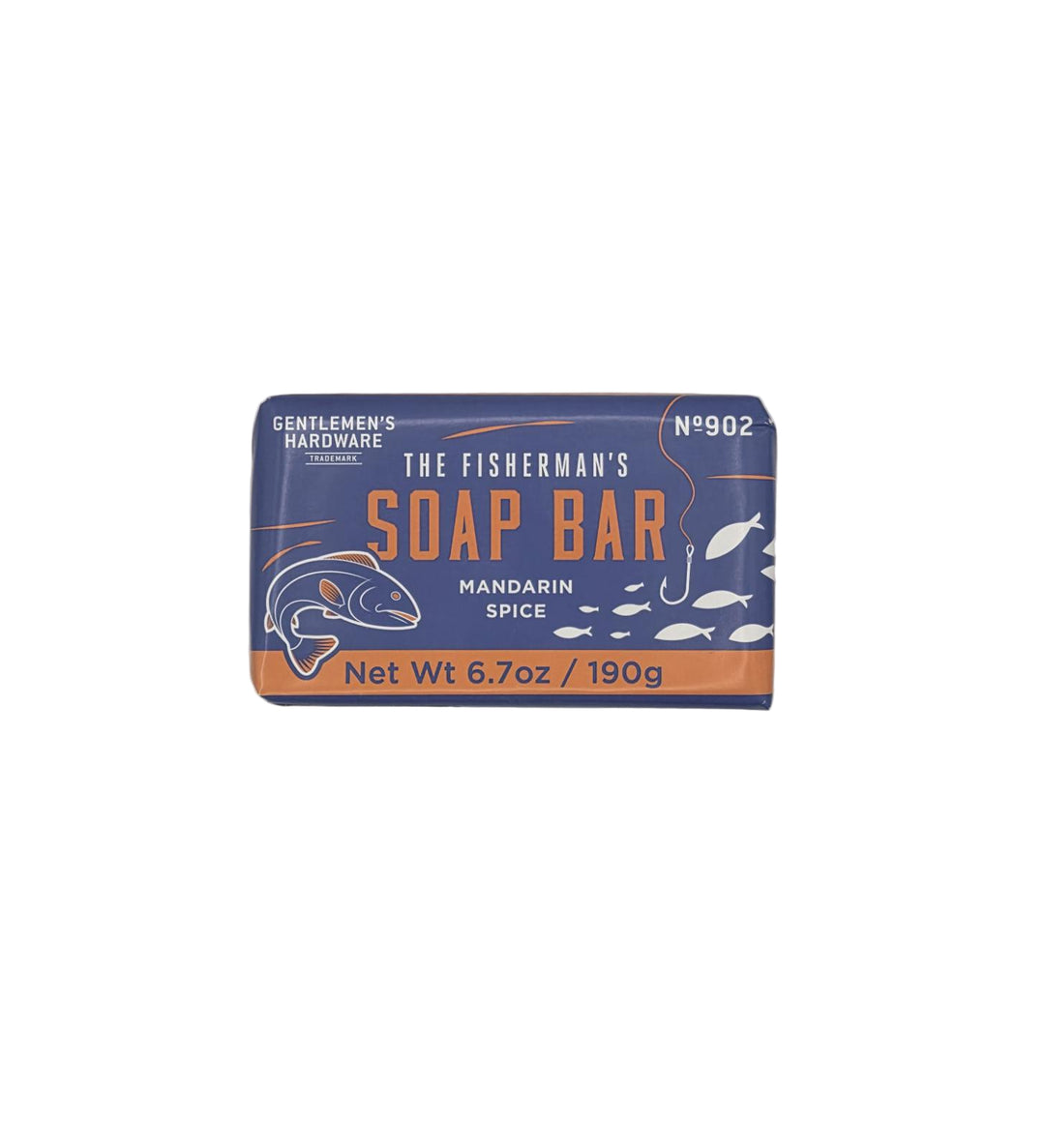 Soap bar packaging with 'The Fisherman's Soap Bar' branding on a gray background