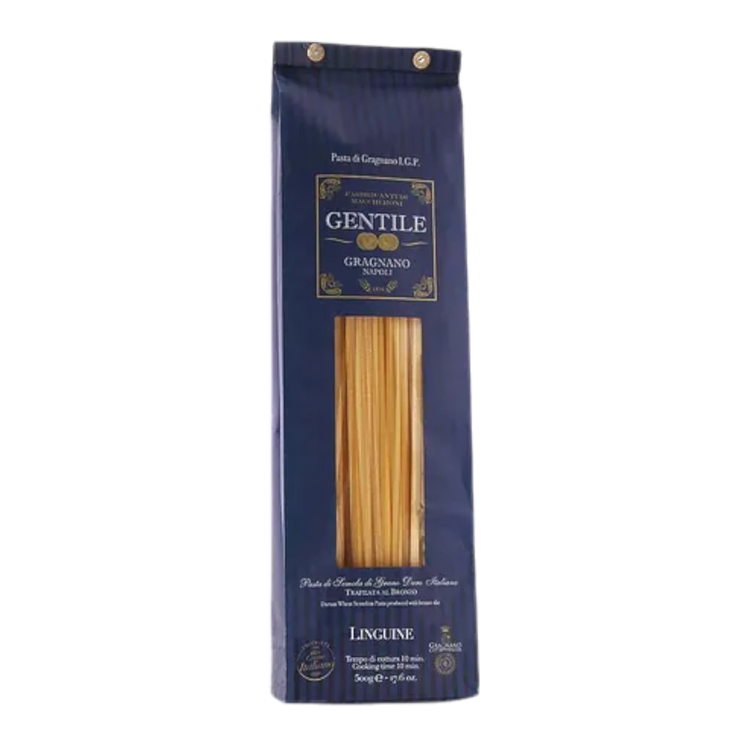 Gentile linguine pasta package with blue background