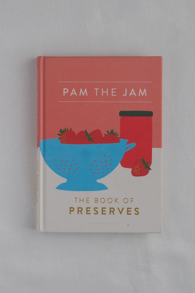 A book cover with a title 'Pam The Jam' featuring an illustration of a blue bowl with fruits, a red jar, and white text on a pink background.