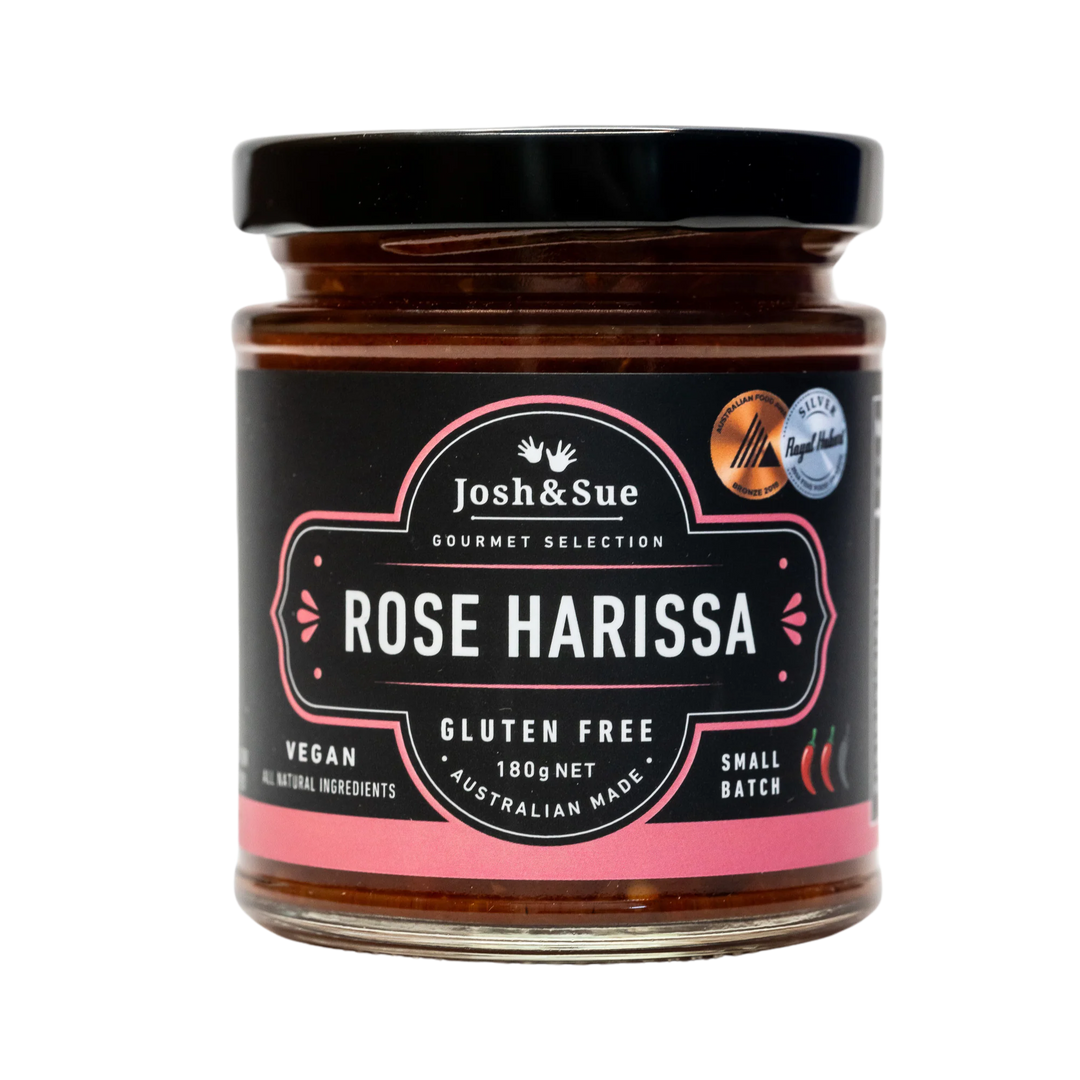 Jar of Rose Harissa with a black lid on a white background