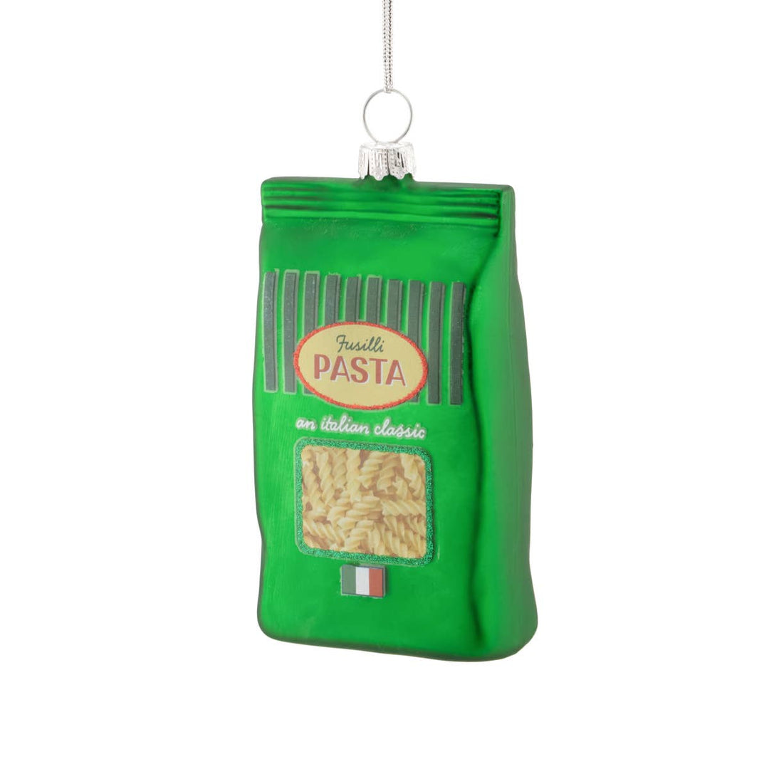 Green pasta bag ornament with &