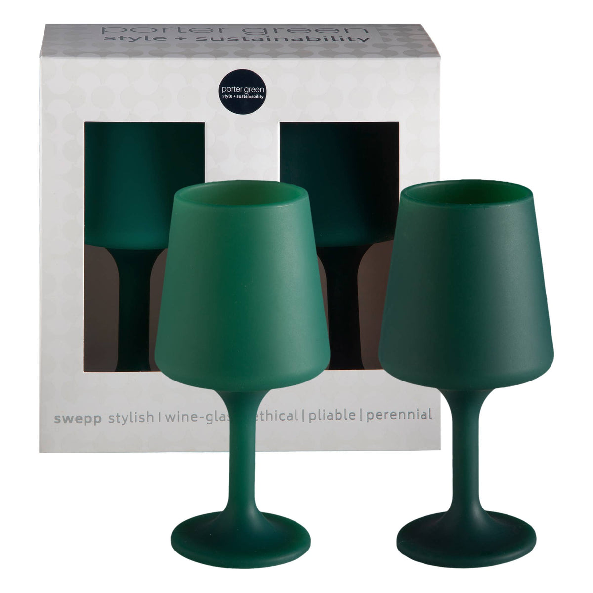 Two matte dark green silicone wine glasses in front of their white packaging box, which features a window showing the same green color.