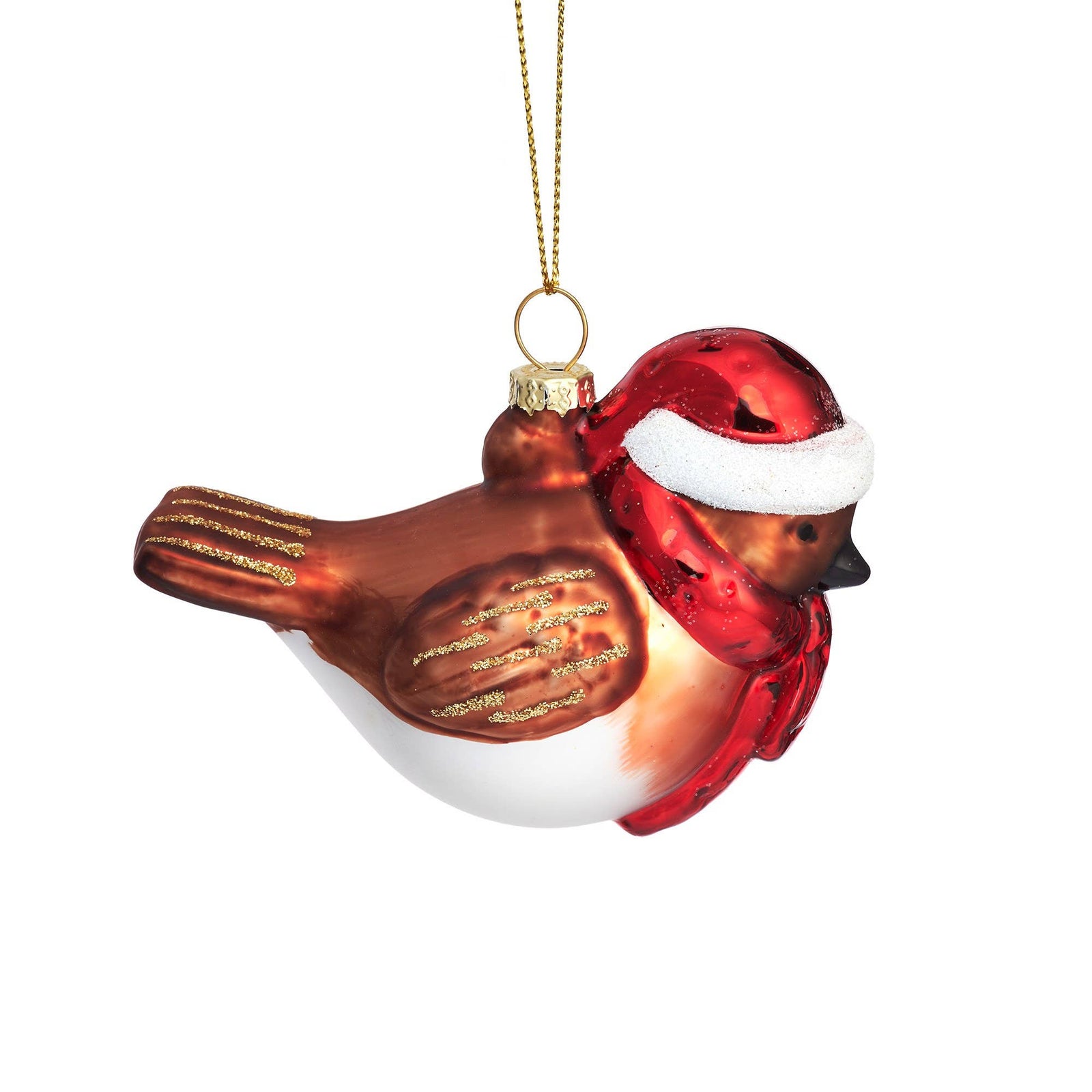 Glass robin ornament with a Santa hat on a white background