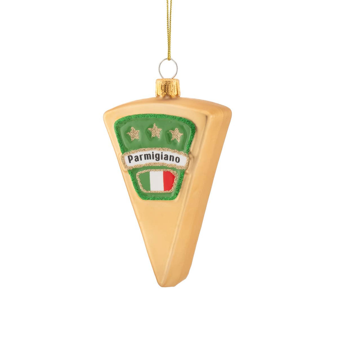 Decorative Parmigiano cheese ornament with gold rim on a white background