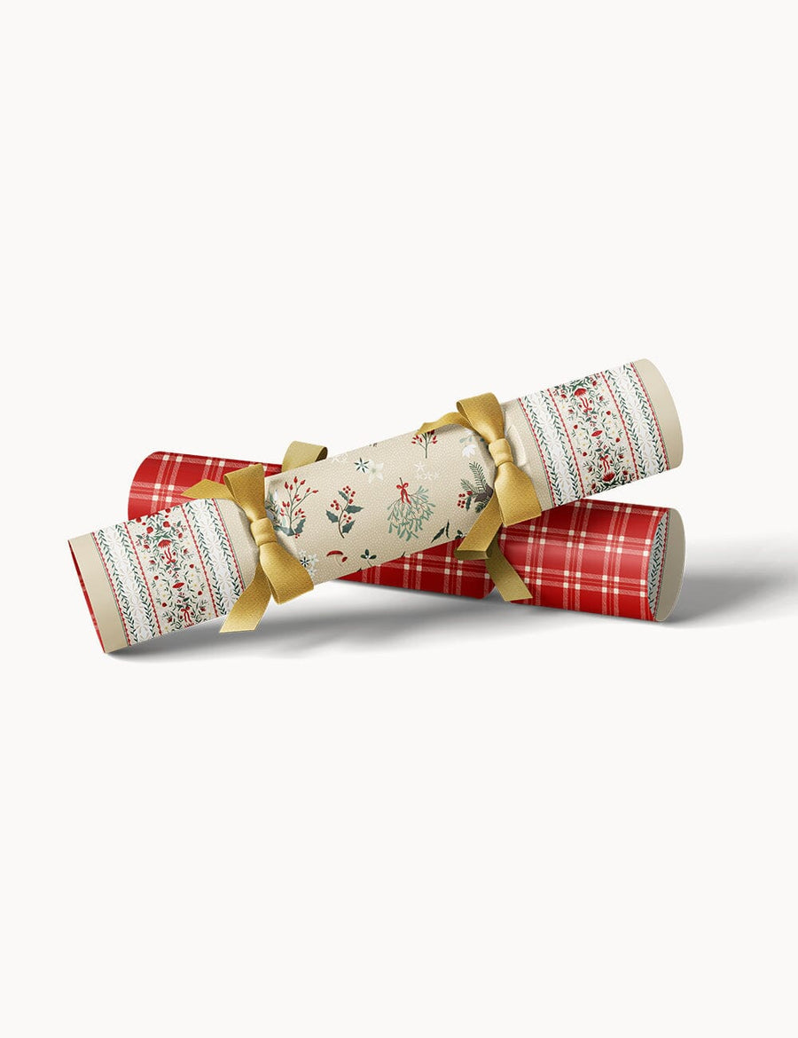 Decorative Christmas cracker with red plaid design and gold ribbon on a white background