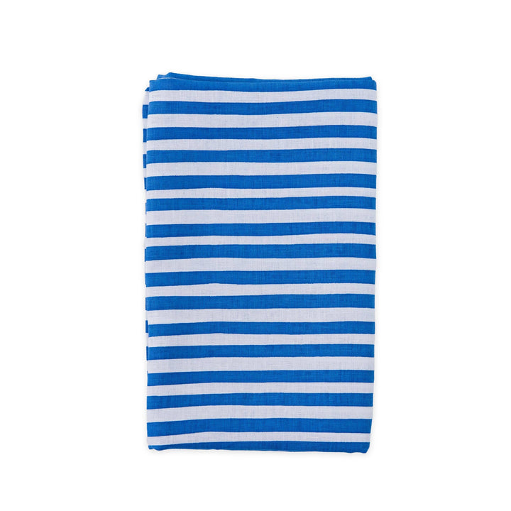 Blue and white striped linen napkin on a white background