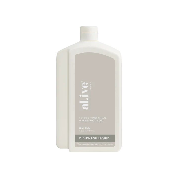 White dishwash liquid refill bottle with 'alive' branding on a white background