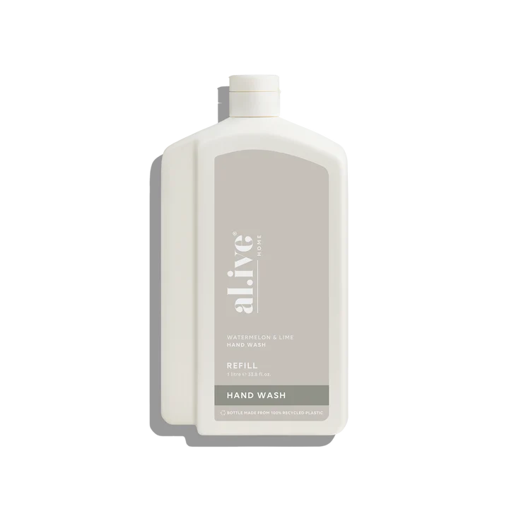 Hand wash refill bottle with 'alive' branding on a white background