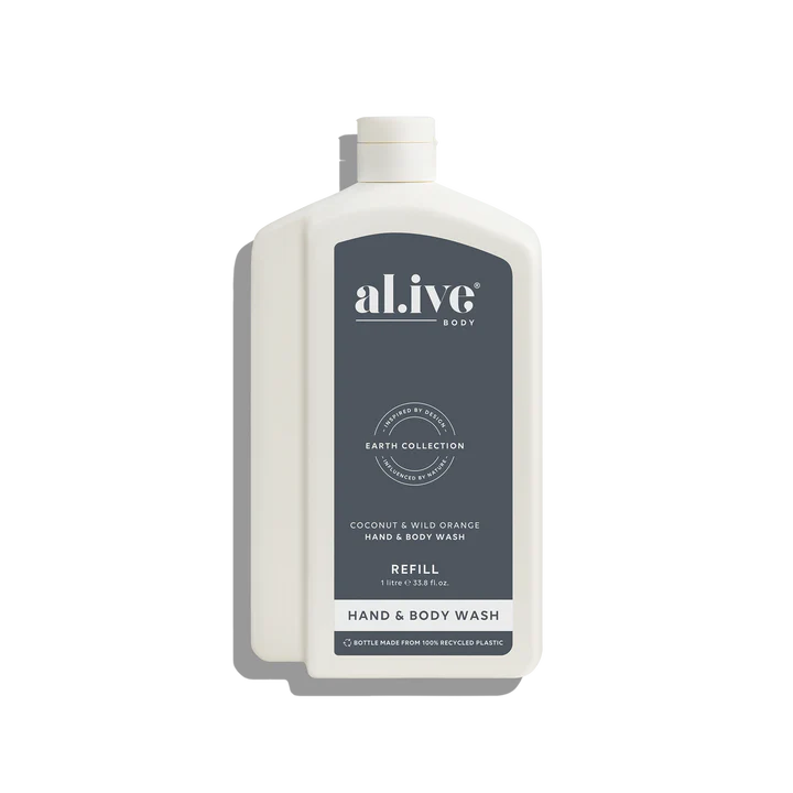 Hand and body wash refill bottle with 'alive' branding on a white background