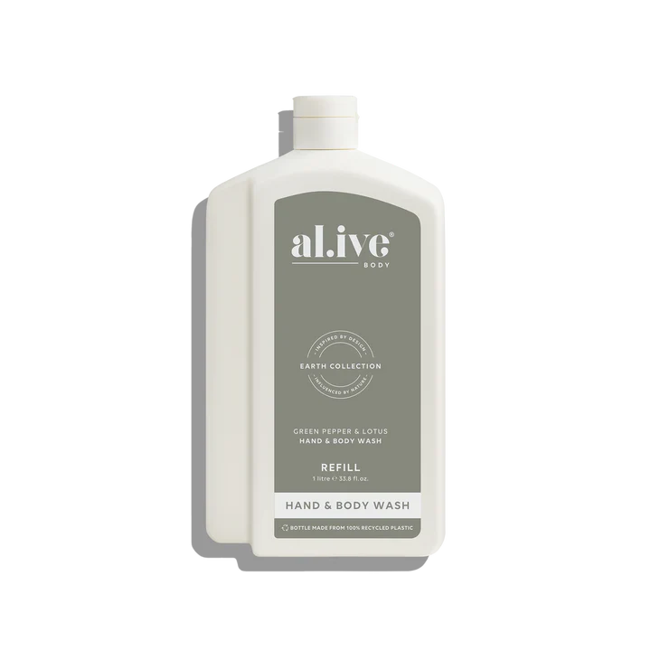 Hand and body wash refill bottle with 'alive' branding on a white background