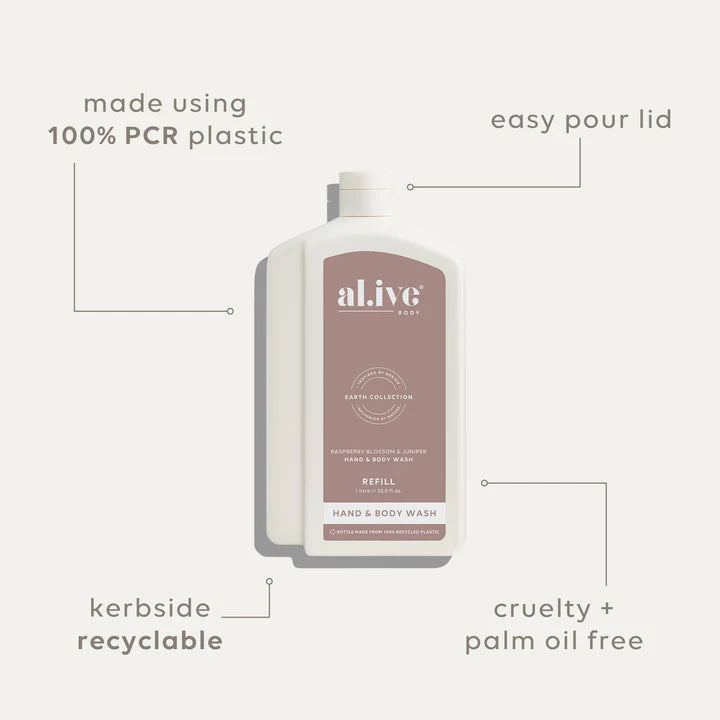 Hand and body wash refill bottle with features highlighted on a white background