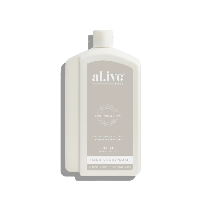 Hand and body wash refill bottle with 'alive' branding on a white background