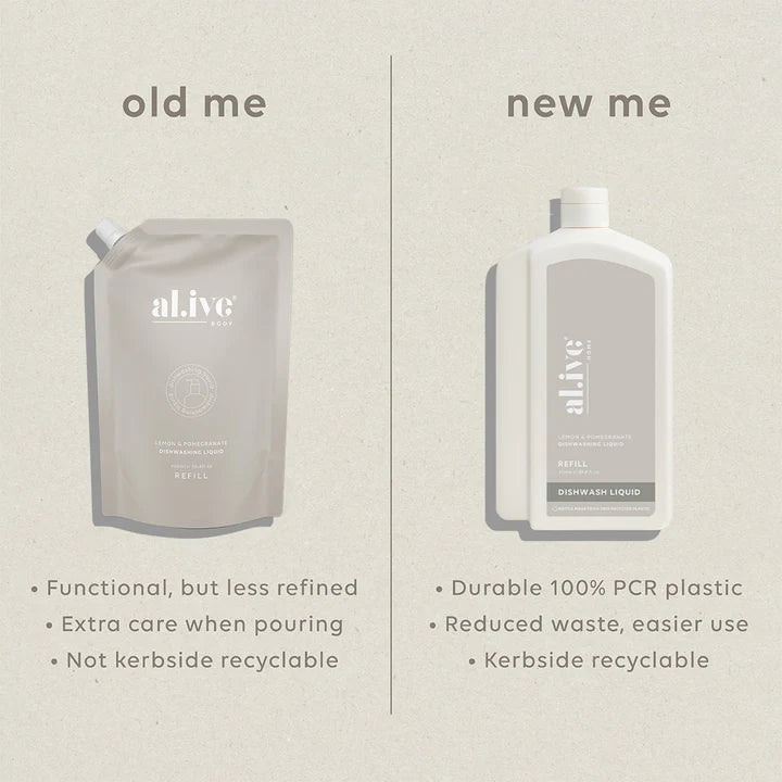 Comparison of 'old me' and 'new me' packaging for al.ive products on a beige background.
