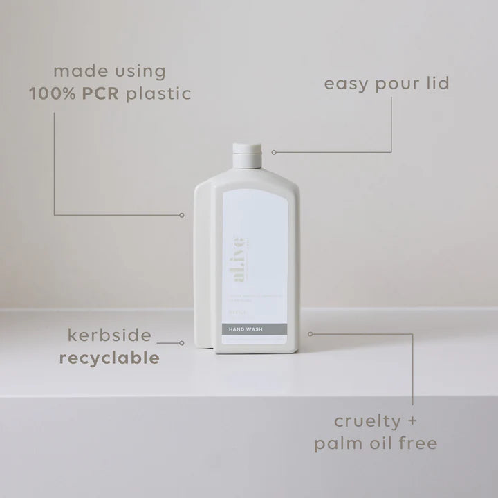Hand wash bottle with features highlighted on a light gray background