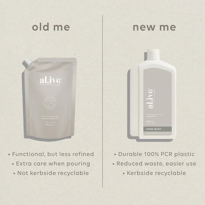 Comparison of 'old me' and 'new me' packaging for al.ive hand wash on a beige background.