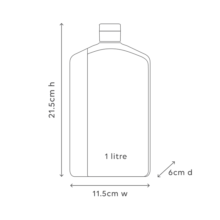 Measurement chart of a 1 litre bottle with dimensions labeled.