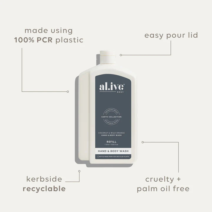 Hand and body wash refill bottle with features highlighted on a white background
