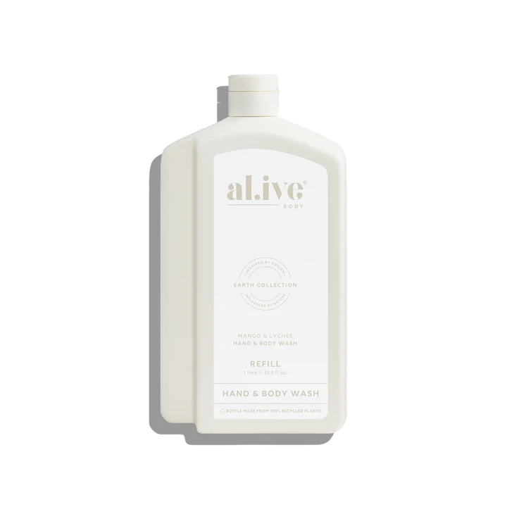 Hand and body wash bottle with 'alive' branding on a white background