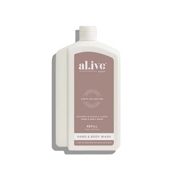 Hand and body wash refill bottle with 'alive' branding on a white background