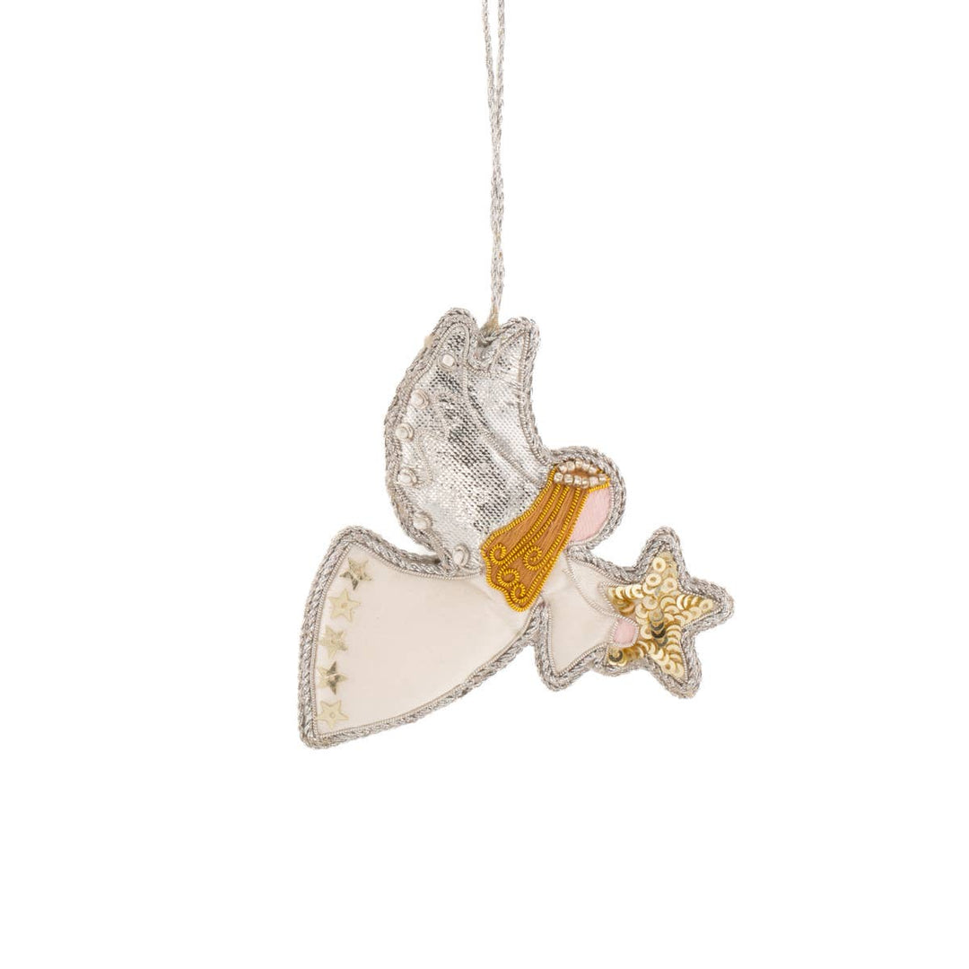A hanging angel ornament with silver wings, a white dress, a gold halo, and a gold star, shown on a plain white background.