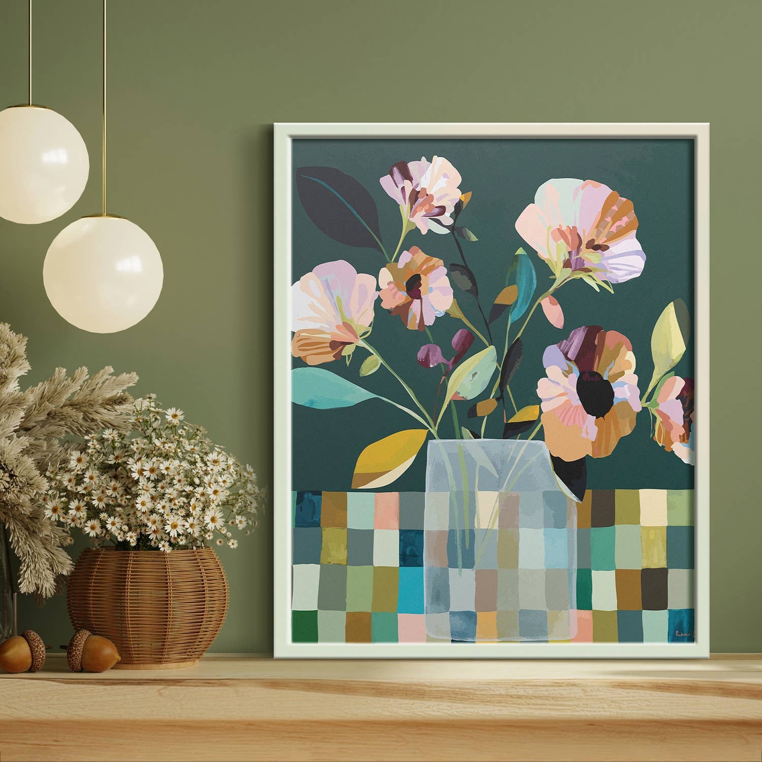 Framed floral artwork on a wall with decorative elements