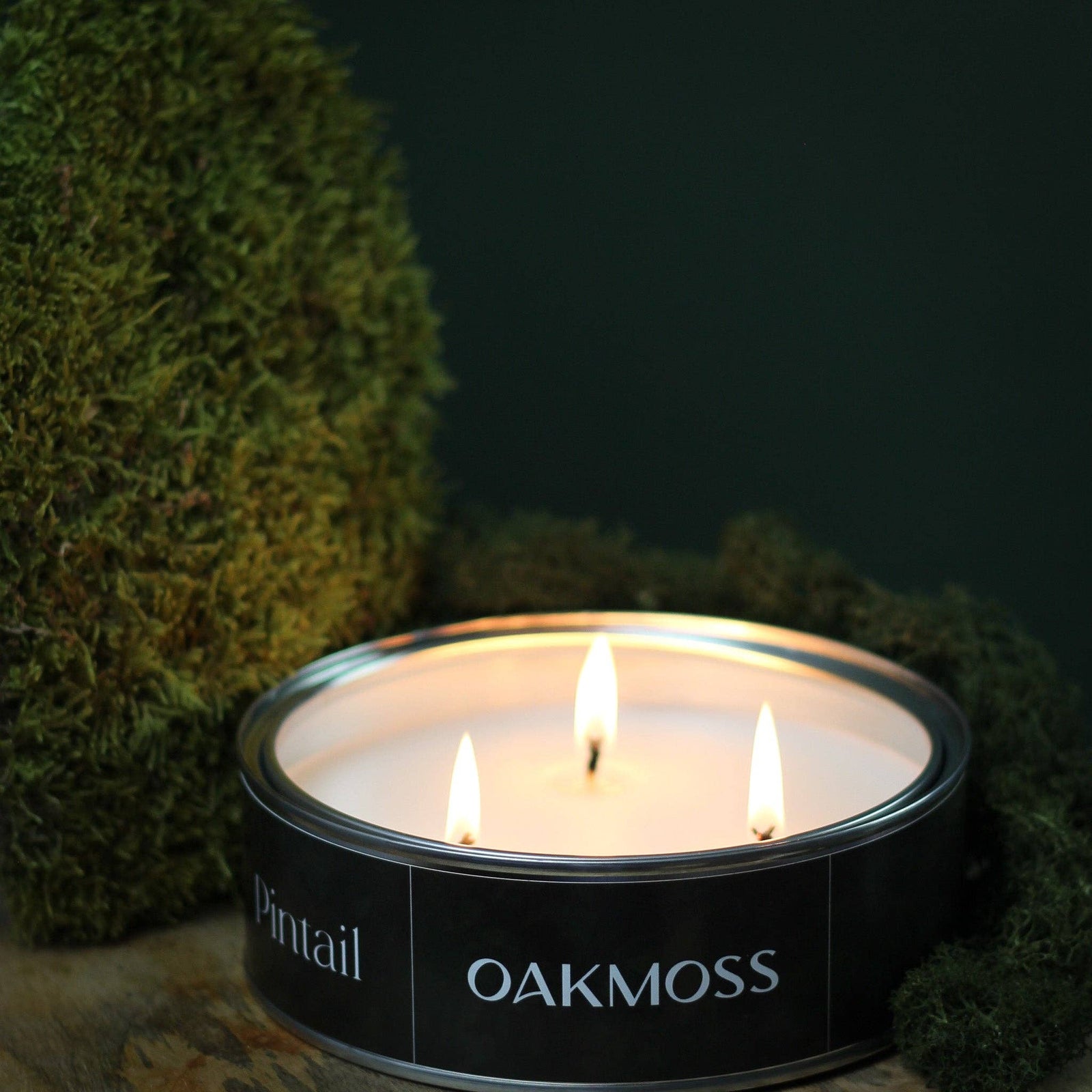 A three-wick candle in a black tin labeled 'Pintail OAKMOSS' with the flames lit, styled on a stone surface with green moss against a dark background.