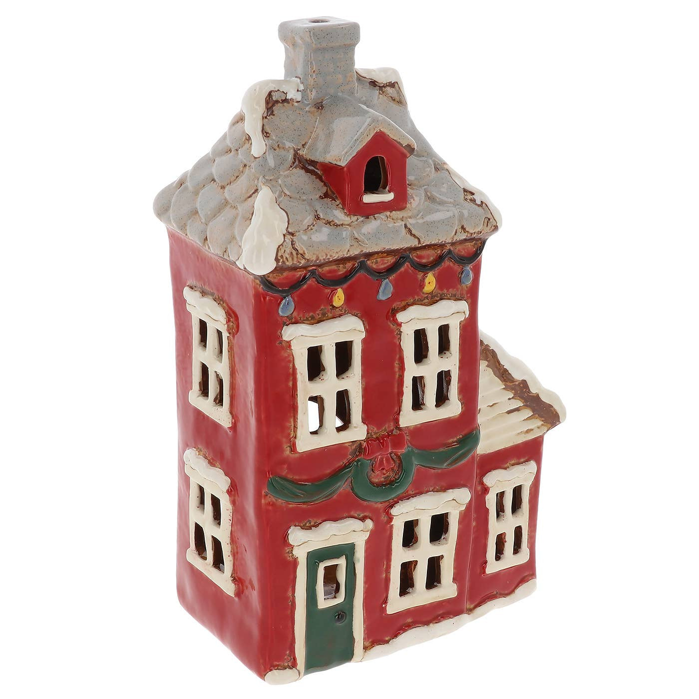 A small red ceramic Christmas house tealight holder with a gray shingled roof, cream-colored window frames, a green door, and decorative trim, shown on a plain white background.