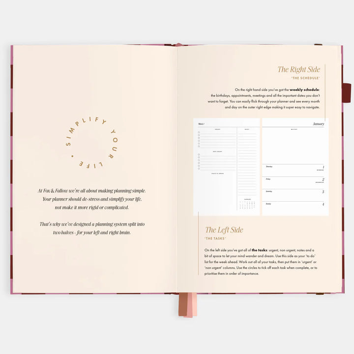 Open planner with text and calendar on a white background