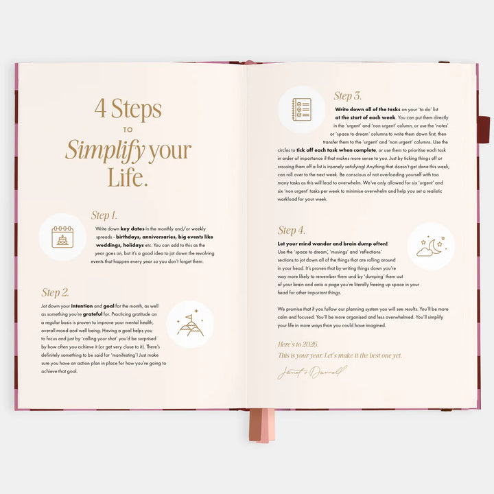 Open book with steps to simplify your life on a white background