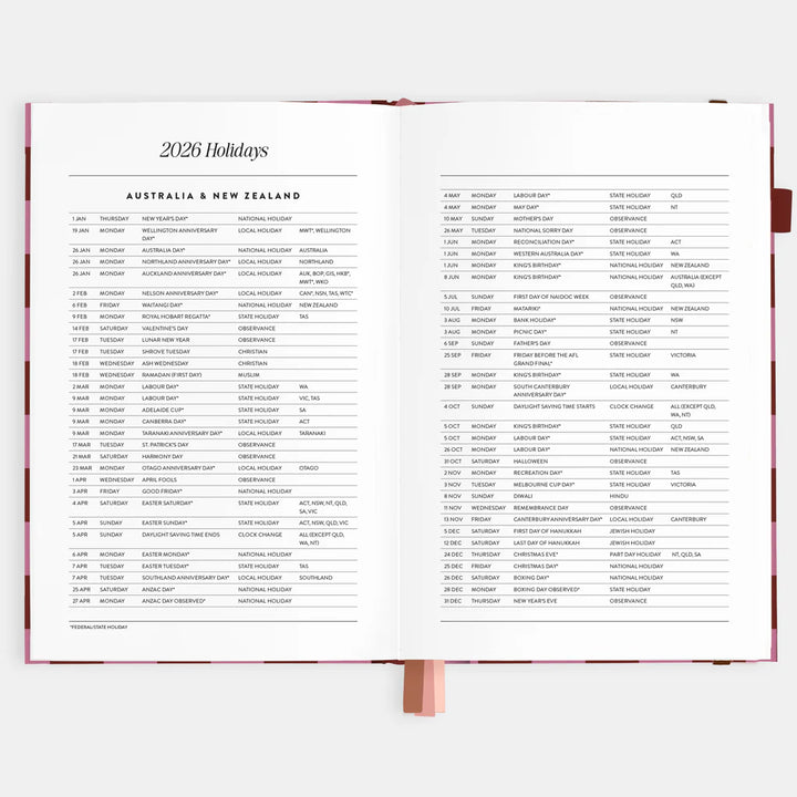 Calendar open to a page listing holidays for Australia and New Zealand in 2026.