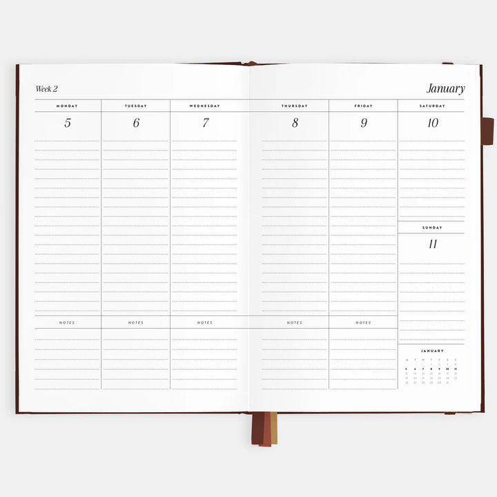 Calendar page showing a two-week layout with notes section on a white background