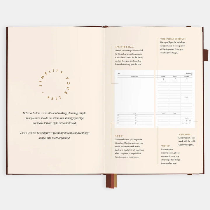 Open planner with text and scheduling layout on a white background