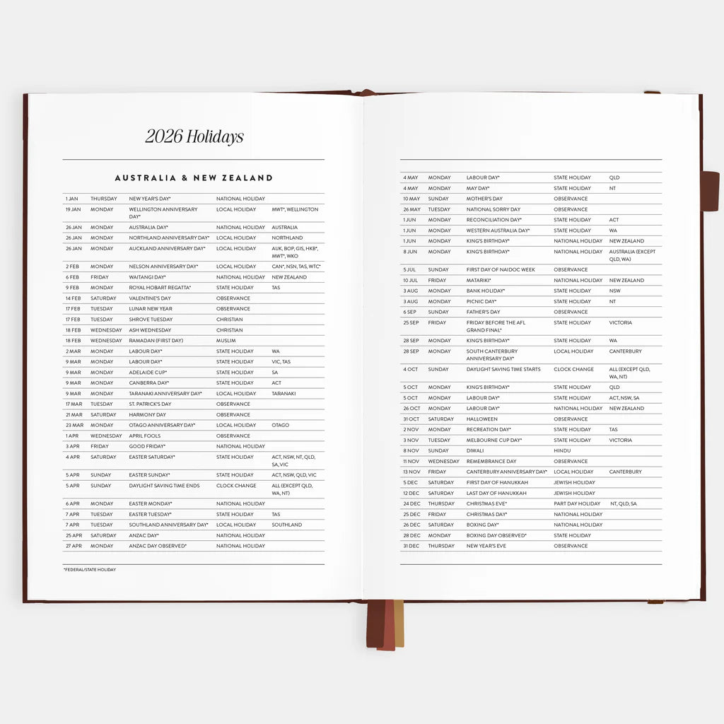 Calendar for Australia and New Zealand holidays on a white background