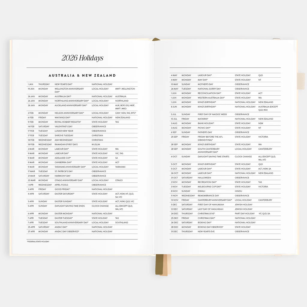 2026 Holidays calendar for Australia and New Zealand on a white background