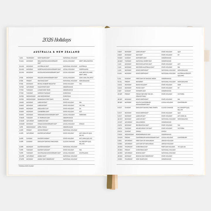 2026 Holidays calendar for Australia and New Zealand on a white background