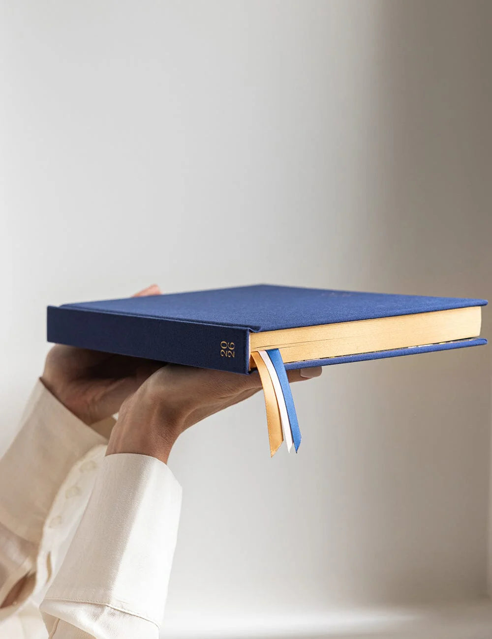Hand holding a blue book against a plain background