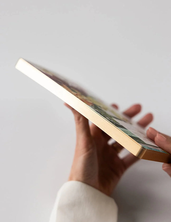 Hand holding a gold-framed picture against a light gray background