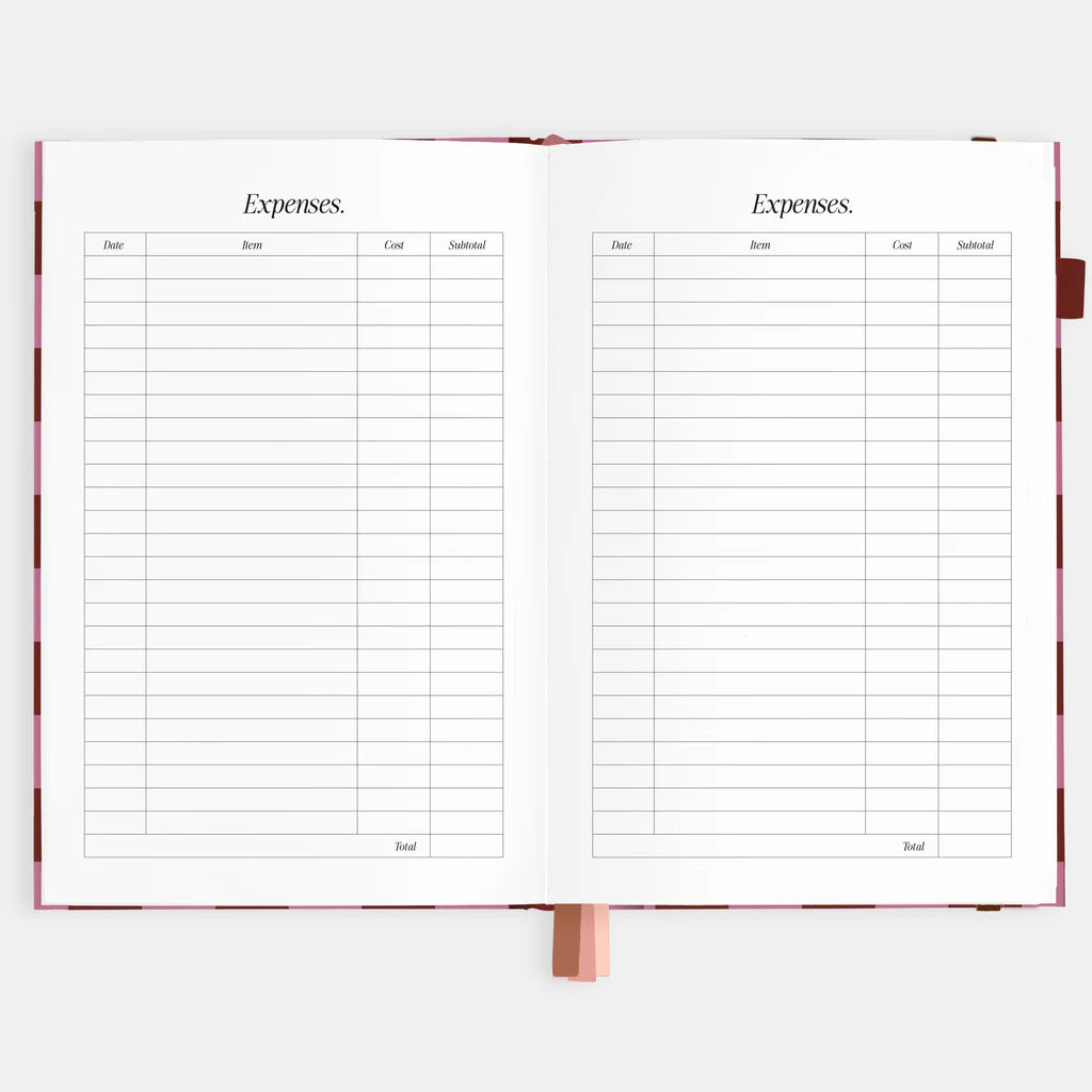 Expense tracking pages in a notebook on a white background