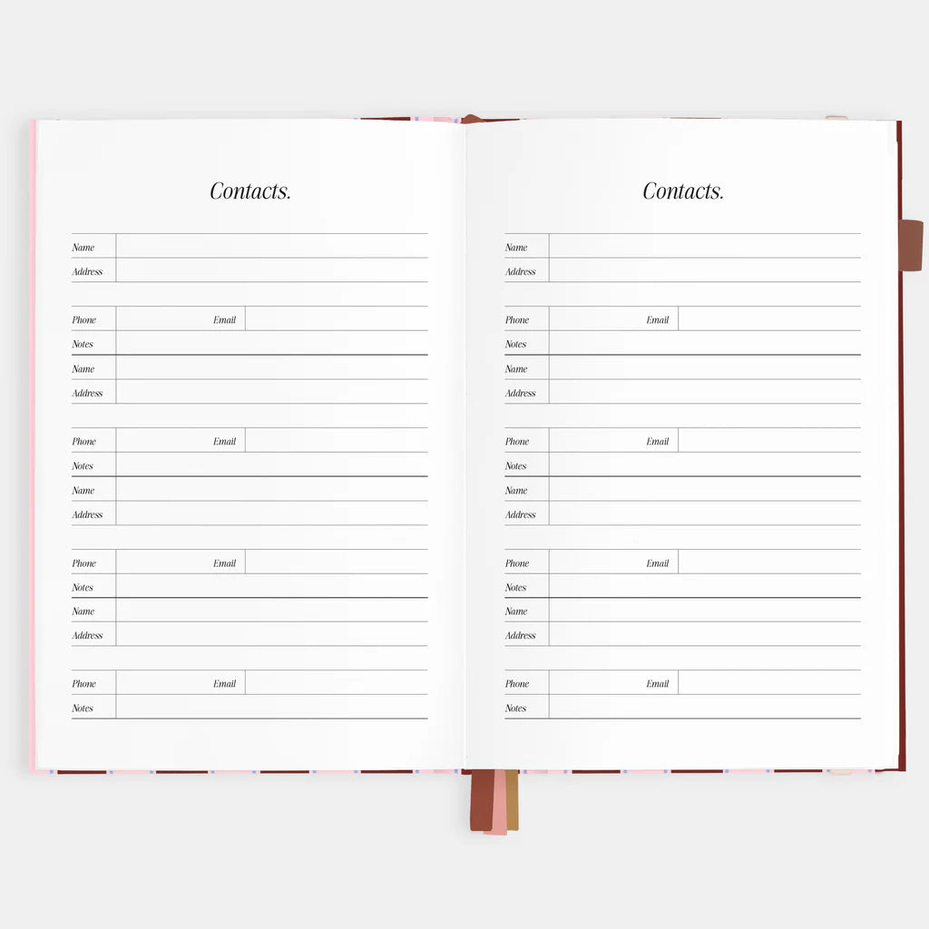 Open book showing a contacts page with columns for Name, Address, Phone, and Email.