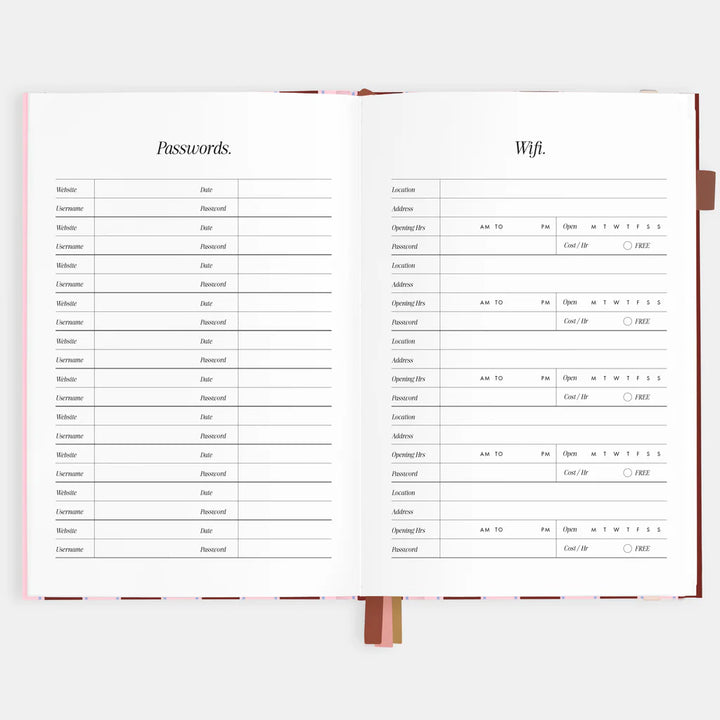 Open book showing pages with password and Wi-Fi information.