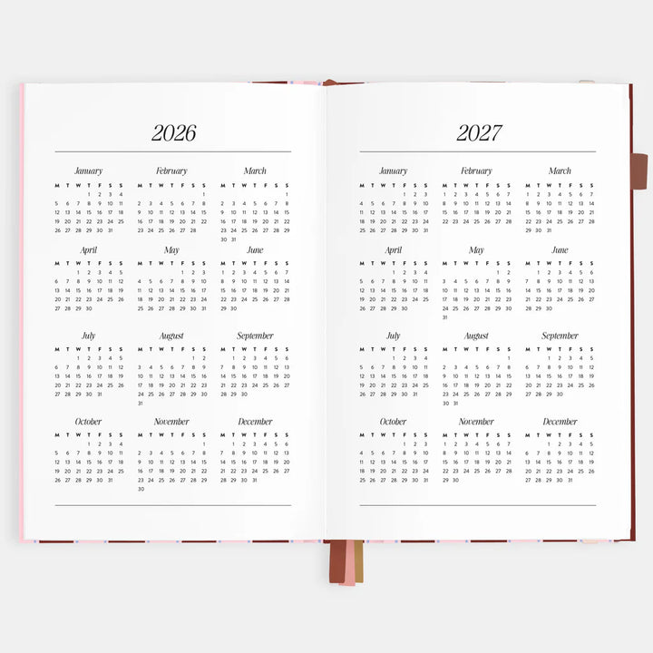 Two open yearly calendars for 2026 and 2027 on a white background