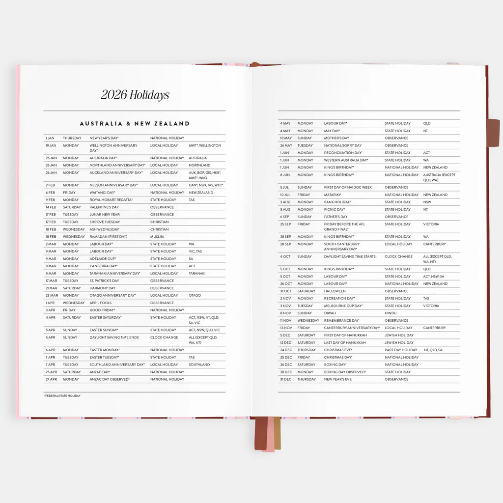 Open book displaying a 2026 holidays list for Australia and New Zealand on a white background.