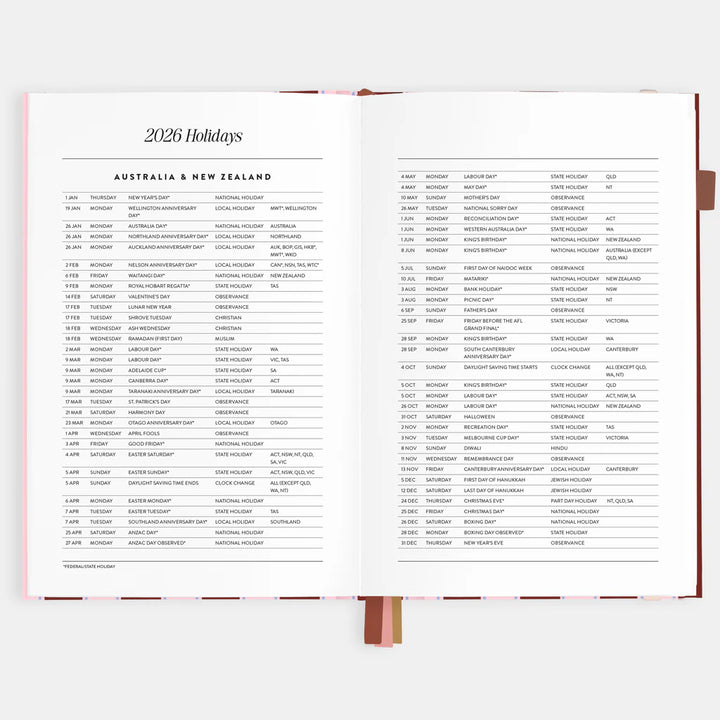 Open book displaying a 2026 holidays list for Australia and New Zealand on a white background.