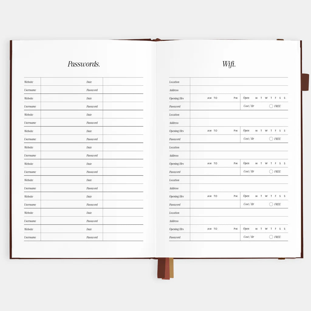Open notebook with password and Wi-Fi notes on a white background