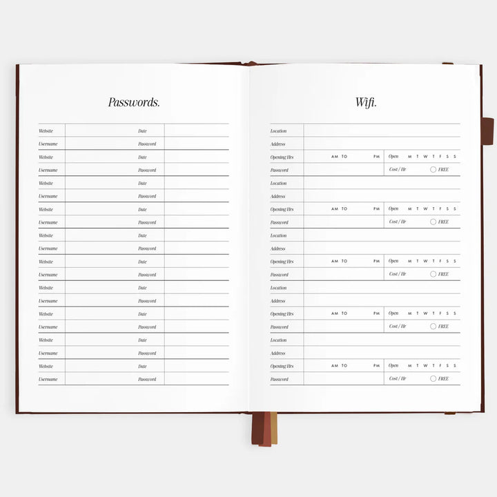 Open notebook with password and Wi-Fi notes on a white background