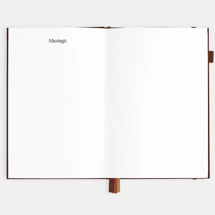 Blank notebook with 'Musings' on a white background