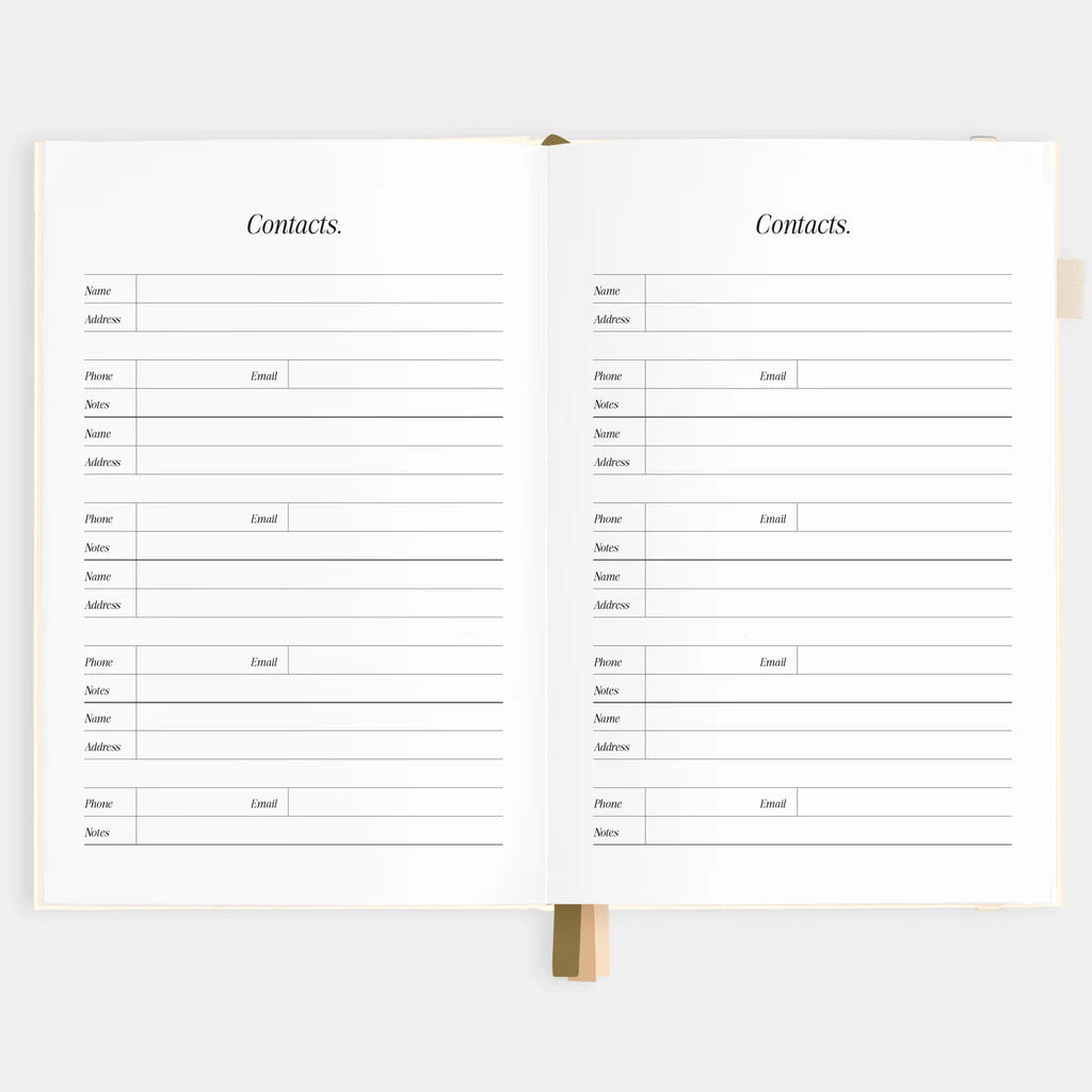 Open notebook with contact list pages on a white background
