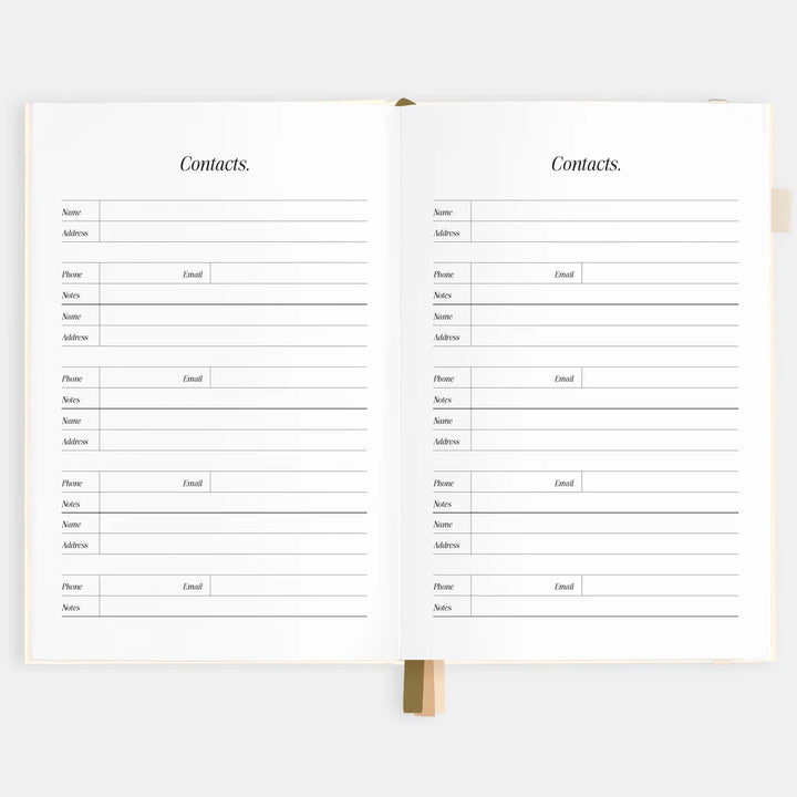 Open notebook with contact list pages on a white background