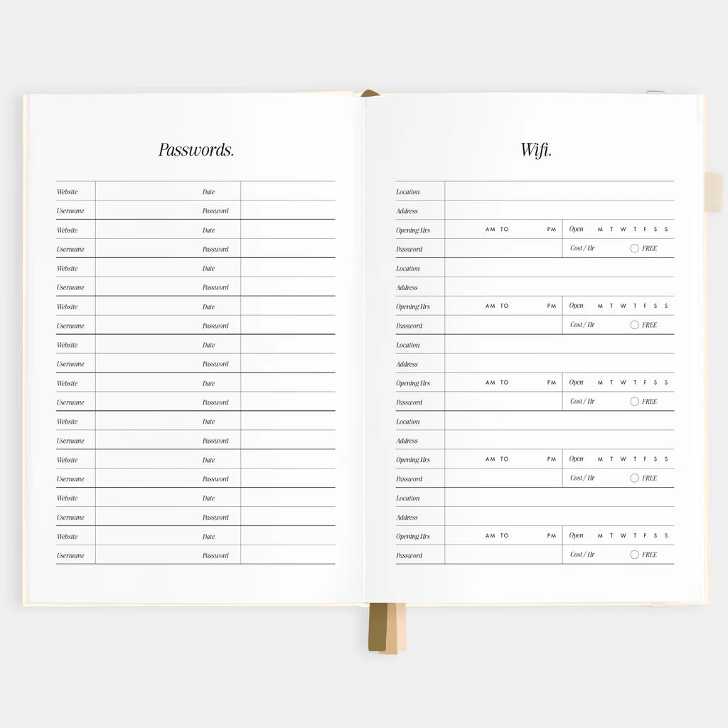 Open notebook displaying password and Wi-Fi settings lists on a white background